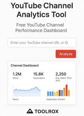 Free YouTube Channel Analytics Tool by ToolRox showing channel dashboard with views, subscribers, and watch time charts
